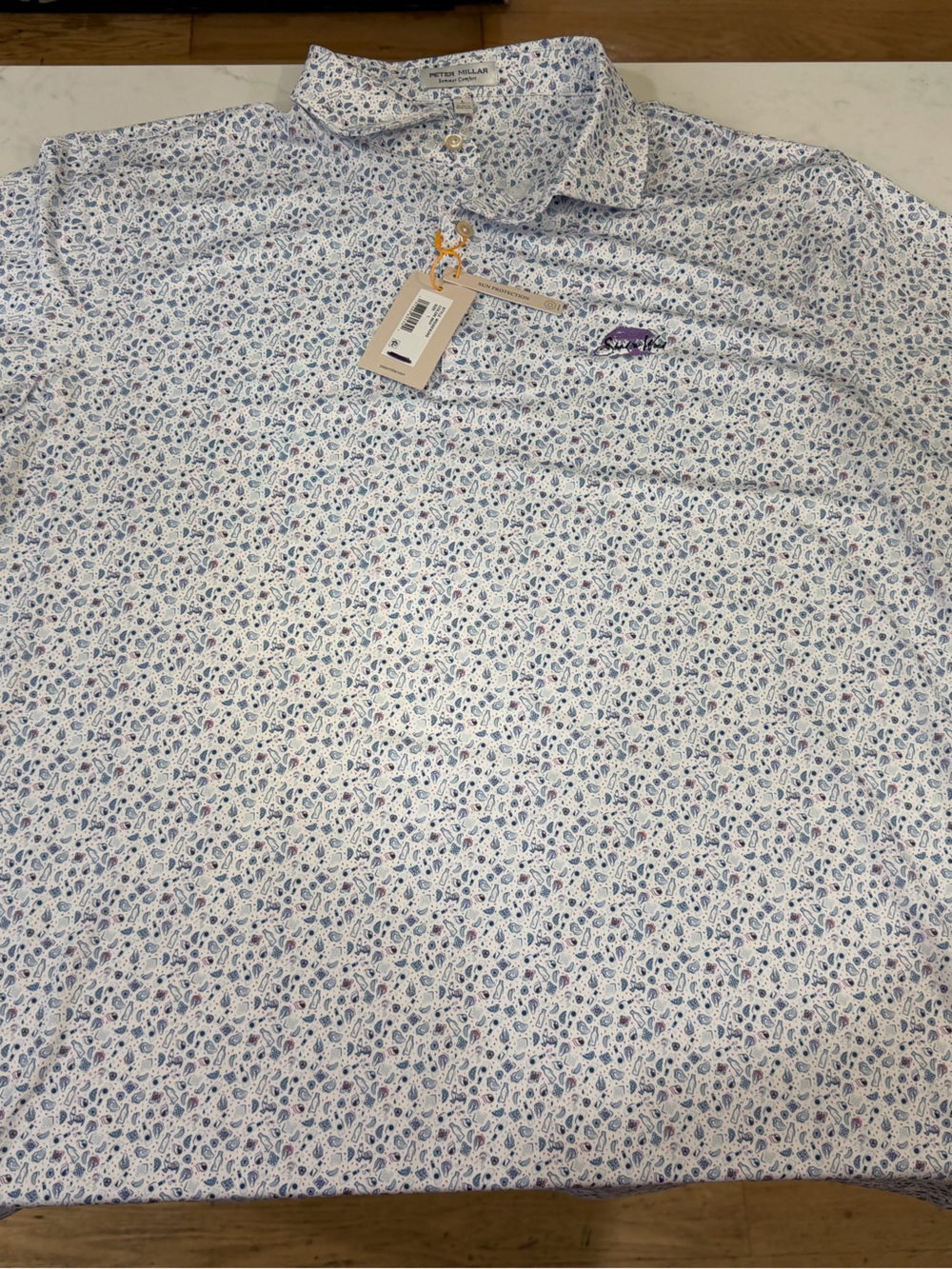 Peter Millar summer comfort Short-Sleeve Polo – White with Blue Print